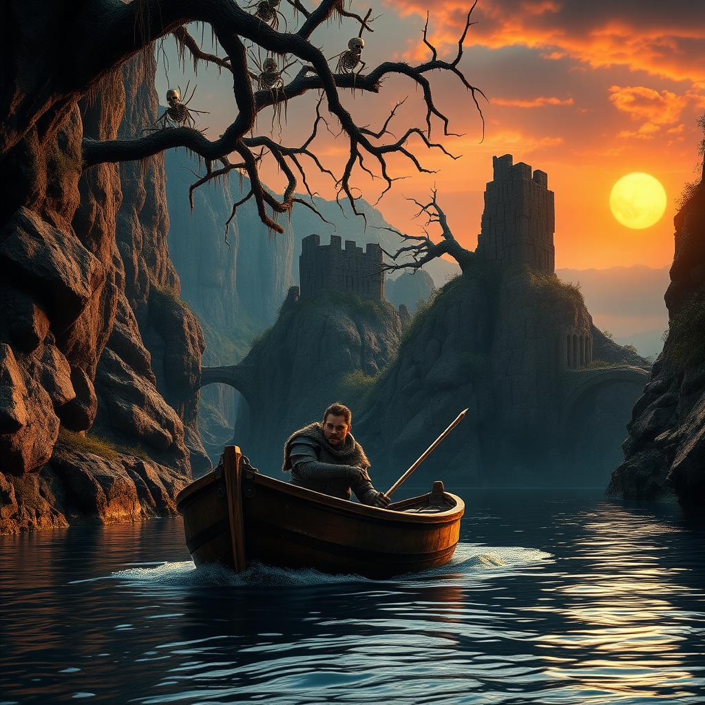 A dramatic epic realistic film scene unfolds in the heart of a mystical realm. A small boat, battered and worn, carries a wounded knight through a winding river, its path carved through imposing cliffs. The cliffs are scarred with ancient ruins, remnants of a bygone era, and punctuated by natural rock bridges, overgrown with vines and foliage. The gnarled branches of old trees, laden with hanging skeletons and warrior armors, stretch towards the sky, casting long shadows across the water. The sun, a fiery orb, sets low in the sky, painting the clouds in hues of crimson and gold, casting a mystical glow over the scene. The knight's face, etched with pain and determination, reflects the harshness of the world around him. The boat, a fragile vessel against the backdrop of these majestic ruins, symbolizes the knight's struggle for survival.