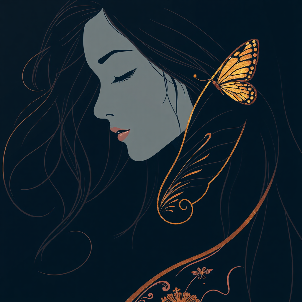 A captivating minimalist graphic artwork featuring a graceful woman with long, flowing hair and closed eyes. The close-up focuses on her serene face, adorned with an exquisite dress featuring intricate designs and a delicate butterfly wing. The composition forms a mesmerizing silhouette enhanced by subtle line art, utilizing warm golden and copper tones that beautifully contrast with a deep midnight blue background. Inspired by conceptual art, portrait photography, cinematic styles, and touches of ukiyo-e, the piece exudes sophistication and conveys a profound message through its minimalist approach. Masterful use of negative space emphasizes simplicity and elegance, showcasing the pure power of minimalism.

Technical and Artistic Specifications:

    Resolution & Display: Rendered in stunning 64K UHD resolution with a broad color spectrum and intricate detail, ideal for high-profile platforms like ArtStation and Behance.
    Digital Art Techniques: Utilize advanced tools such as Corel Painter, ZBrush, and Adobe Photoshop to achieve remarkable 3D volume, exquisite shading, and ultra-fine detailing.
    Material Effects: Incorporate high-quality pigments, metallic flakes, and glass beads to ensure textures radiate vibrantly under raking light.
    Lighting & Depth: Employ a tranquil chiaroscuro effect with a delicate interplay of light and shadow, enhancing depth and clarity. Pay close attention to lighting, depth of field, and eye movement to create a visually captivating experience.
    Color Palette: Use soft, delicate colors and nuanced shades of grey, black, and white to infuse the piece with subtlety and serenity while adding depth without overwhelming the composition.
    Rendering Techniques: Apply advanced rendering techniques for unparalleled detail and sharpness, including hyper-realistic pencil sketch textures for intricate details.
    3D Effects: Incorporate 3D volumetric effects to enhance the artwork’s depth and spatial qualities, ensuring a gentle, lifelike depth that sparks the imagination.
    Photography Style: Utilize a balanced f/11 aperture and a raw photographic style with advanced v6 enhancements to render vivid colors and minute details at an unparalleled level of realism.
    Composition Harmony: Ensure maximum harmony across all elements, resulting in a balanced and cohesive composition that emphasizes striking details through a cinematic close-up approach.

Inspirations:
Inspired by Cameron Gray, John Gould, Vladimir Volegov, Mondrian, Craig Mullins, Jirka Vinse, Jonatan Väätäinen, Meghan Duncanson, and Bergsma.