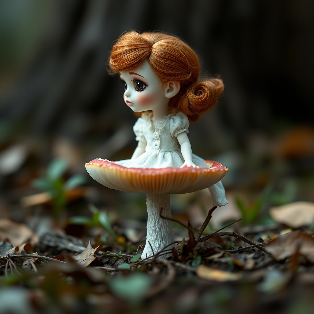 ooak art doll sitting on a amanita mushroom in nature, in profile, shy flirting with the camera, questioning look, bisque doll, artist doll, realistic doll, life-like porcelain doll, handmade, one of a kind, focus stacking, abstract, minimalist art, in focus, hyperfocal, bisque porcelain, Victorian dress, symmetric, sacred geometry, original, unique personality, dynamic, cinematic scene, centered, zoom shot, dept of field, low key lighting, preteen ginger girl, balanced colors, Alice in wonderland