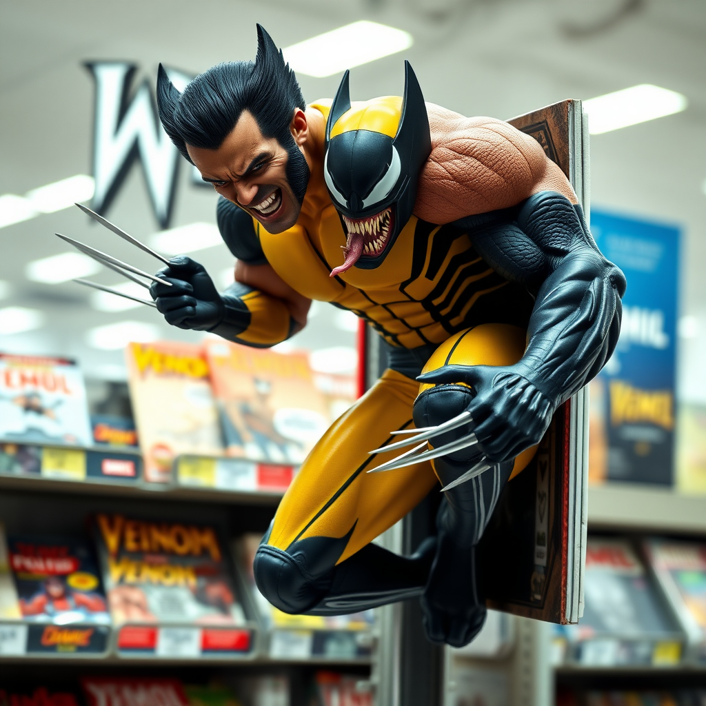 Jumping out of a Comic book cover on a store shelf is Wolverine and Venom. Wolverine has his claws placed into Venom in Cinematic Real3D photo-realistic quality.