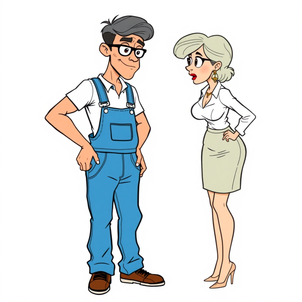 20 year old european skinny boy wearing work overalls is blushing excited while lectured by a towering 55 Years old, fit, European, Latina, sharp aquiline nose, wrinkles, high cheekbones, Middle Eastern, Skinny, Tanned skin, Dark light skin, Rounded Medium breasts, Skinny thighs, full Makeup, jewelry, Serious face, Sharp nose, Ash hair, short bowl haircut, Brown eye color, Glasses, with detailed features. Hands on hips, She is bent over the boy, she is wearing a white shirt and a blue skirt, detailed fabric. full body, high heels sandals, long establishing shot, 2D, caricature, cartoon, Sketch lines, coloring book, nlack and white, coloring book style on white background, well composed, clean coloring book page, No dither, no gradient, strong outline, No fill, No solids, vector illustration.