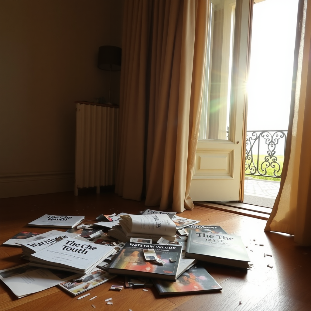 Disrupted books "The Truth" and magazines "Watchtower" on the floor. In a room, the terrace door is opened. The sun is outside. The curtains are moving by the wind.