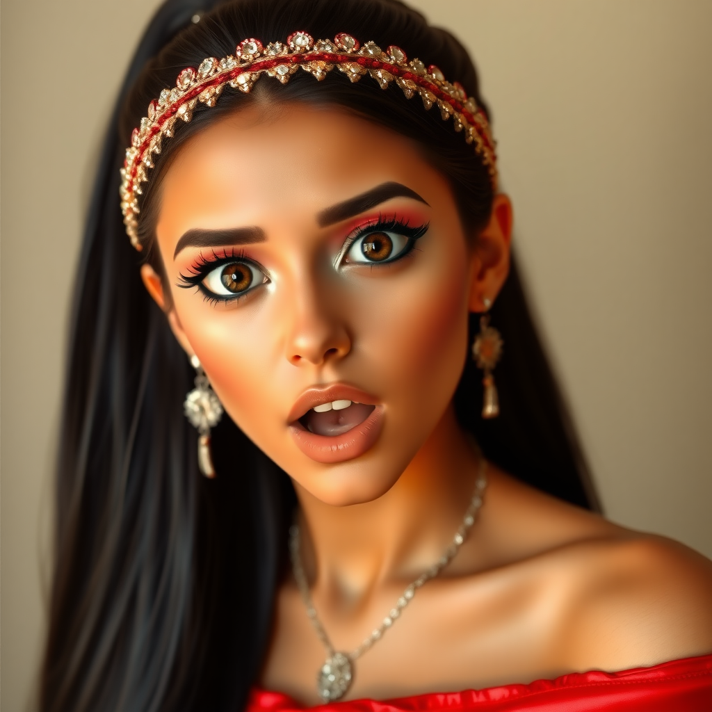 surprised Arabian girl with mouth open. She has very large eyes, black eyeshadow, black eyeliner, fake eyelashes, very tanned skin, very long hair. very high ponytail, red off shoulder shinny crop top. photo realistic, black hair.