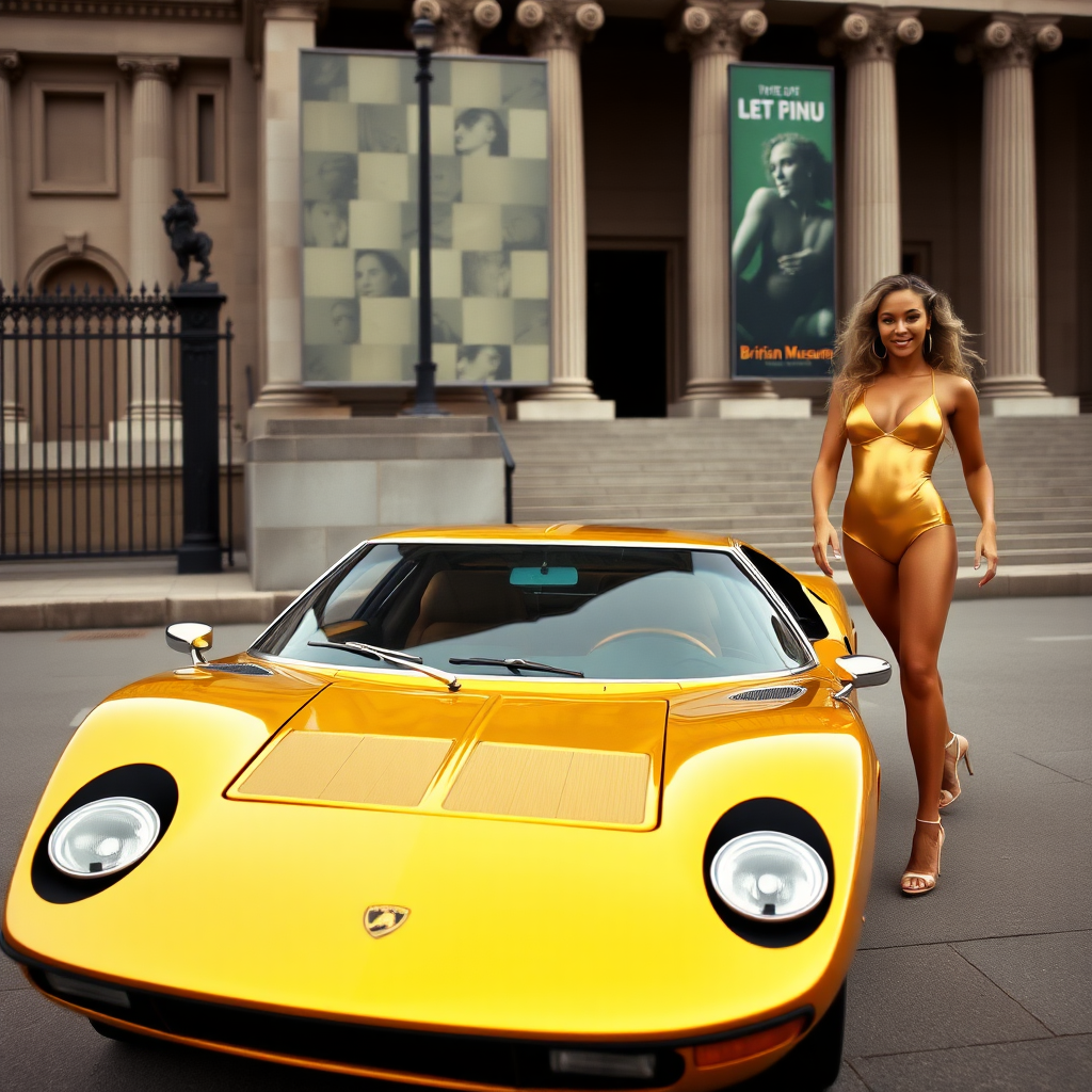 Lamborghini Miura in golden colour, parked in front of the British museum, with a Beyonce in a one piece golden swimsuit standing on the right side.