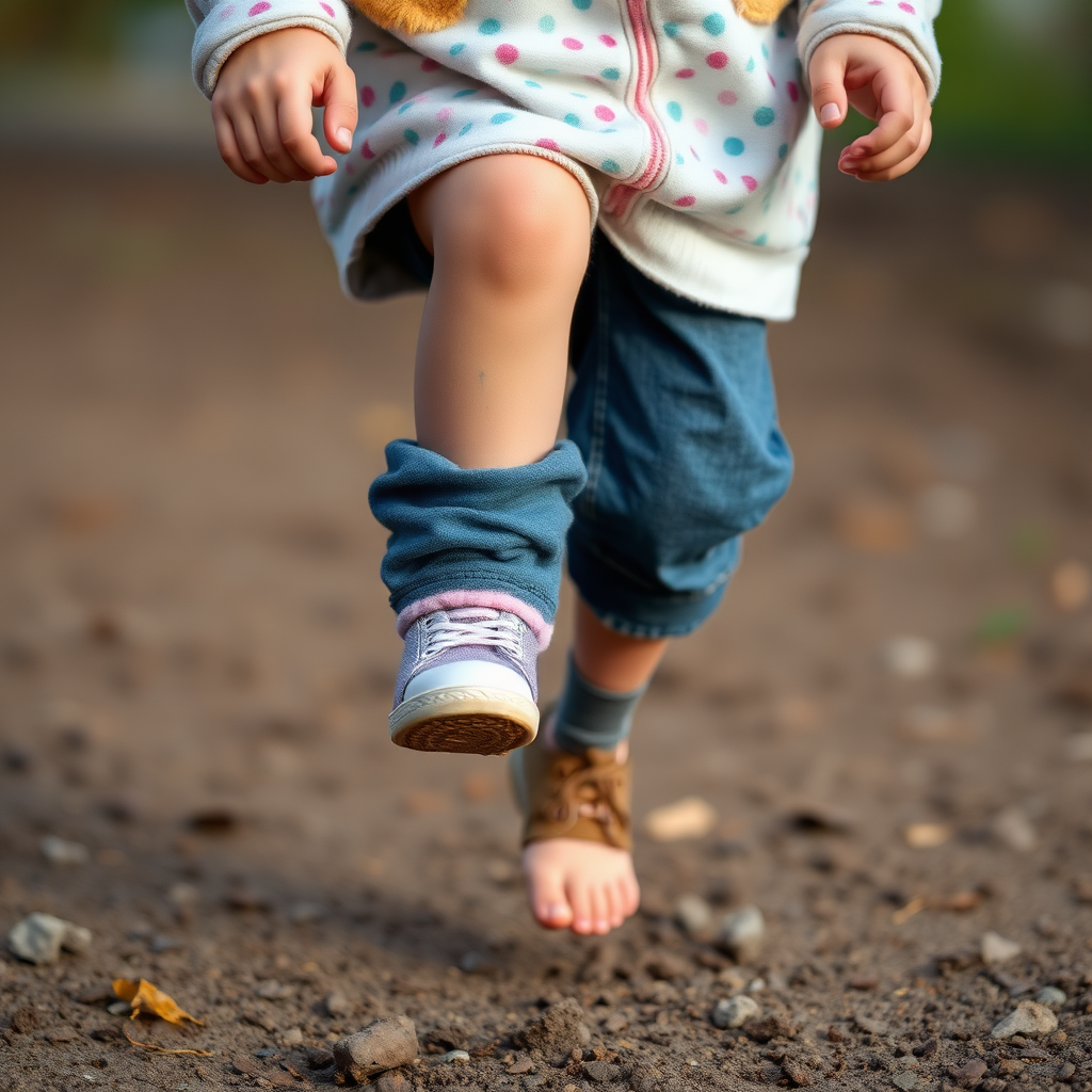 A girl with a leg amputation, hopping, clear stump, ground.