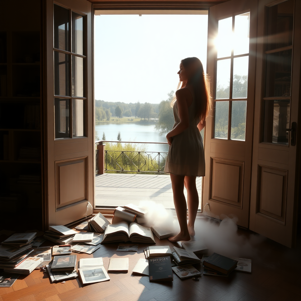 a young woman standing in the open terrace door and looking outside to a beautiful park with a lake and trees. she is wearing a simple dress and is barefooted. long brunette hair with highlights. on the floor behind her in the room there are many disrupted books and magazines. warm light outside, darkness inside. the books and magazines slowly disappear fog on the ground of the room. sun on the terrace. photo