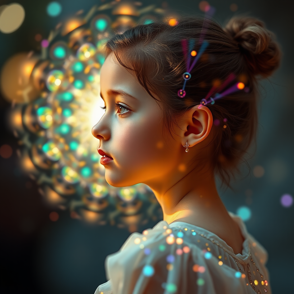 young preteen girl with aura, in dynamic pose, in profile, abstract, mandelbulb fractal, dynamic composition, street photography, fractal, brilliant colors, glittering, translucent, opal, gold, sharp focus, floral, mother of pearl, iridescent, natural, glowing, Bokeh, sacred geometry