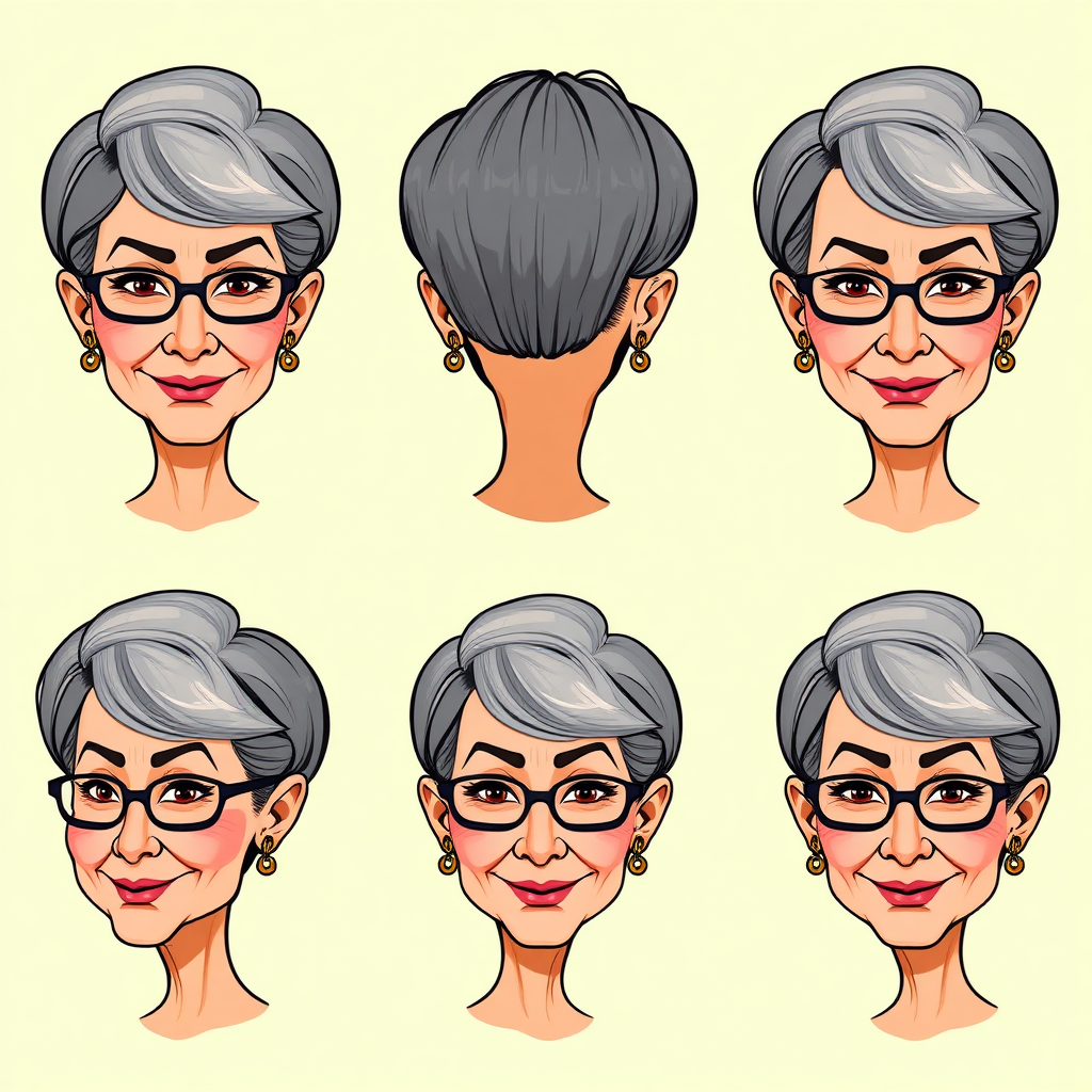 Photorealistic image of six headshots of a 50 Years old, fit, European, Latina, sharp aquiline nose, wrinkles, high cheekbones, Middle Eastern, Skinny, Tanned skin, Dark light skin, full Makeup, jewelry, Sharp nose, frowning, exaggerated cartoon expression, lascive smile, dark grey Ash hair, short bowl haircut, Brown eye color, half closed eyes, round Glasses, with detailed features. Each photo displays the same face in back, profile and front view, cut out and isolated on a green background. All six heads are visible side by side, empty space around each view, no overlapping. 2D, caricature, cartoon, Sketch lines, coloring book style, well composed, clean coloring book page, No dither, no gradient, strong outline, vector illustration.