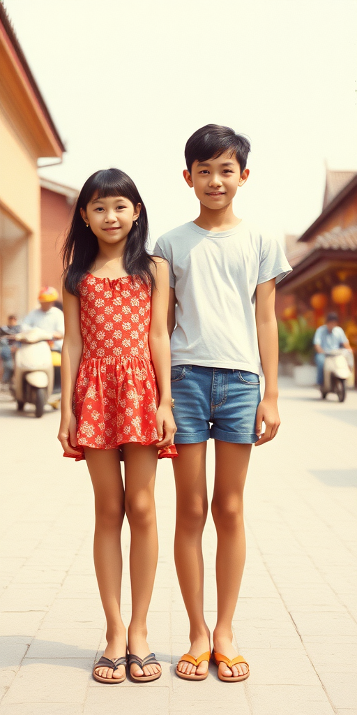 Vintage photo, 1980s. Hot summer. China. Tall 14yo teen boy and girl. Long legs, bare thighs. Full length view.