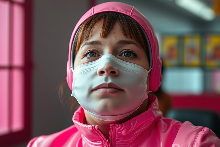 35 year old woman, fat face, pink pvc suit