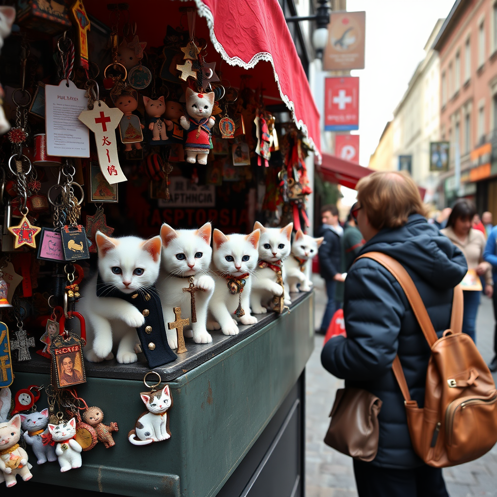 A street stall staffed by white kittens filled with kitschy keychains for tourists in hell, cats, Catholic, vampire, cross, Buddhism, tacky