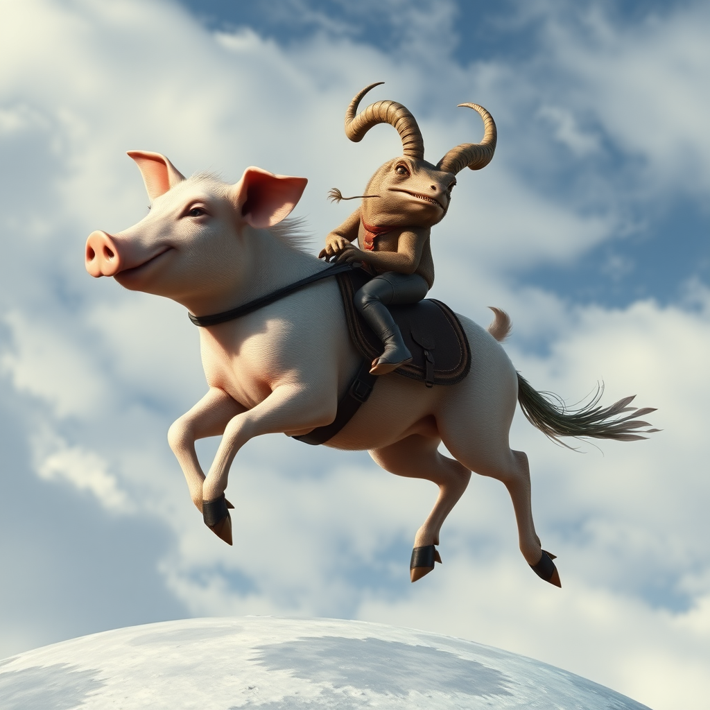 photorealistic image of two animals. The first animal is like a pig, but it's slim and has legs with claws like an eagle. The first animal also has a feathered tail like a peacock. The first animal has a saddle and is galloping in the sky. The first animal smiles stupidely. The second animal rides the first animal. The second animal is like a toad but its slim and has horns like a wild sheep (mouflon). The second animal also has teeth in his mouth. The scene is the cloudy sky above the Moon surface.