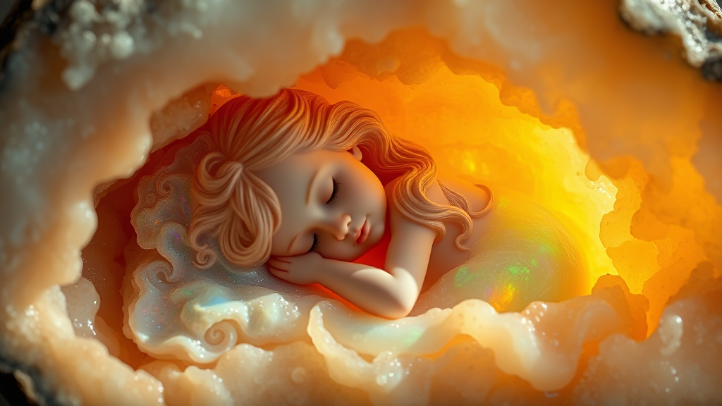 statue carved from opal of a 8 year old girl sleeping in a geode, high quality photo, intricate environment, ultra-detailed, impressionistic, dynamic composition, artistic photograph, geode, alabaster, fractal, brilliant colors, glittering, sunlight, illumination, transparency, translucent, opal