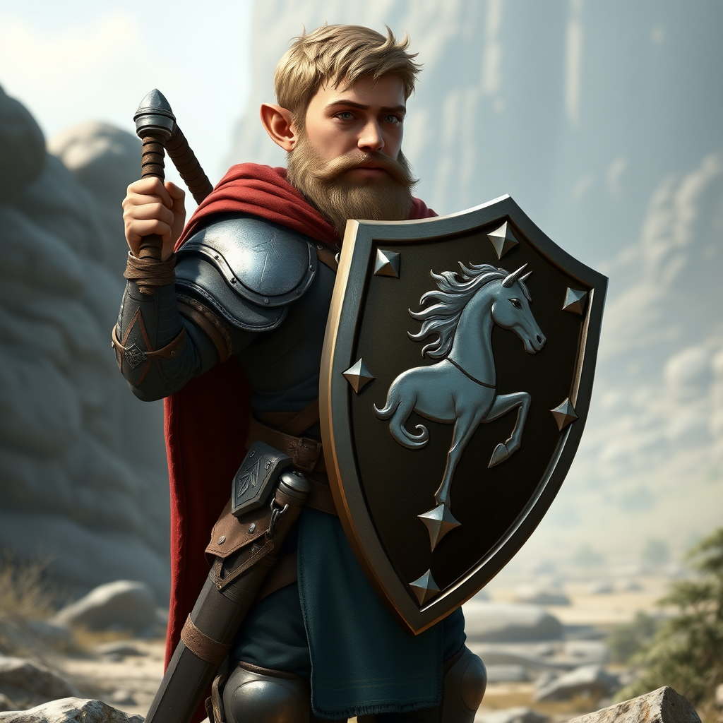 In a fantasy world, a halfling paladin, carrying a shield, high definition, with a normal and standard appearance, not wearing a beard. Character shown standing upright, sword at his side and shield on his left arm. On the shield, there is a silver unicorn depicted, photorealistic.