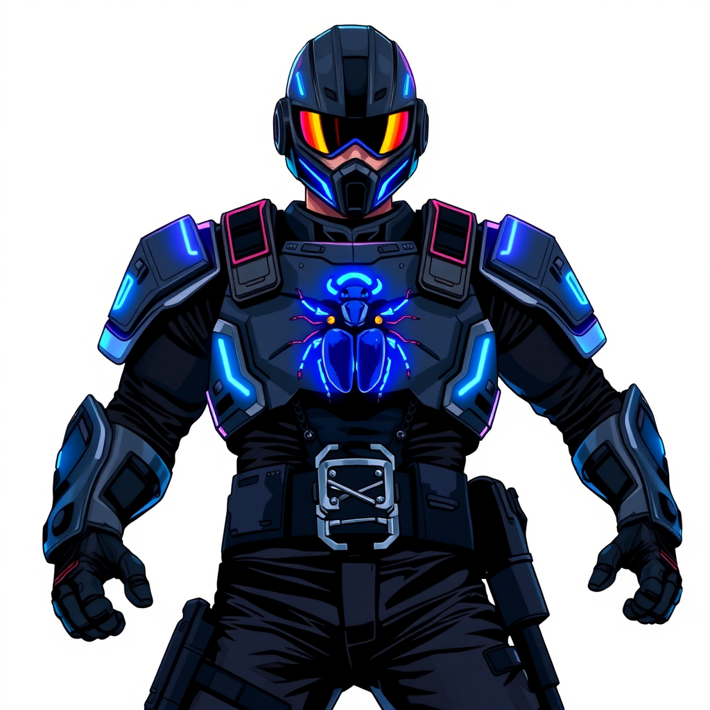 A 28-year-old cyberpunk vigilante stands heroically, clad in high-tech, maximum blue, light armor featuring a neon blue glowing beetle on the chest. They wear black biker pants, a black belt with a sapphire beetle buckle, and a head covering helmet resembling a sleek, tactical design, but colored maximum blue with neon blue glowing lenses. Their hands are protected by black metal gloves, all set against a solid white background. He is drawn as if he was in a retro 2D cyberpunk fighting game.