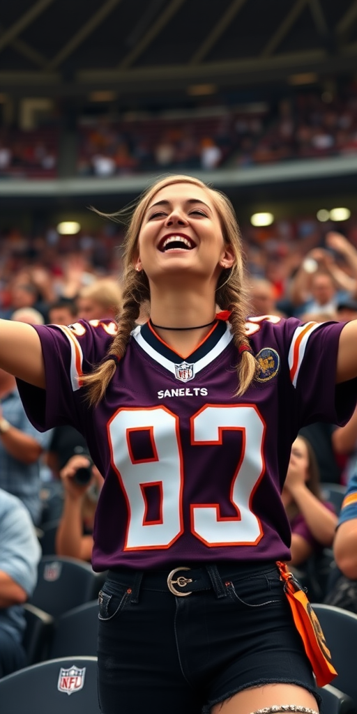 Attractive female NFL fan, pigtail hair, jersey huge chest, reacting to a victory, inside crowded stadium bleachers