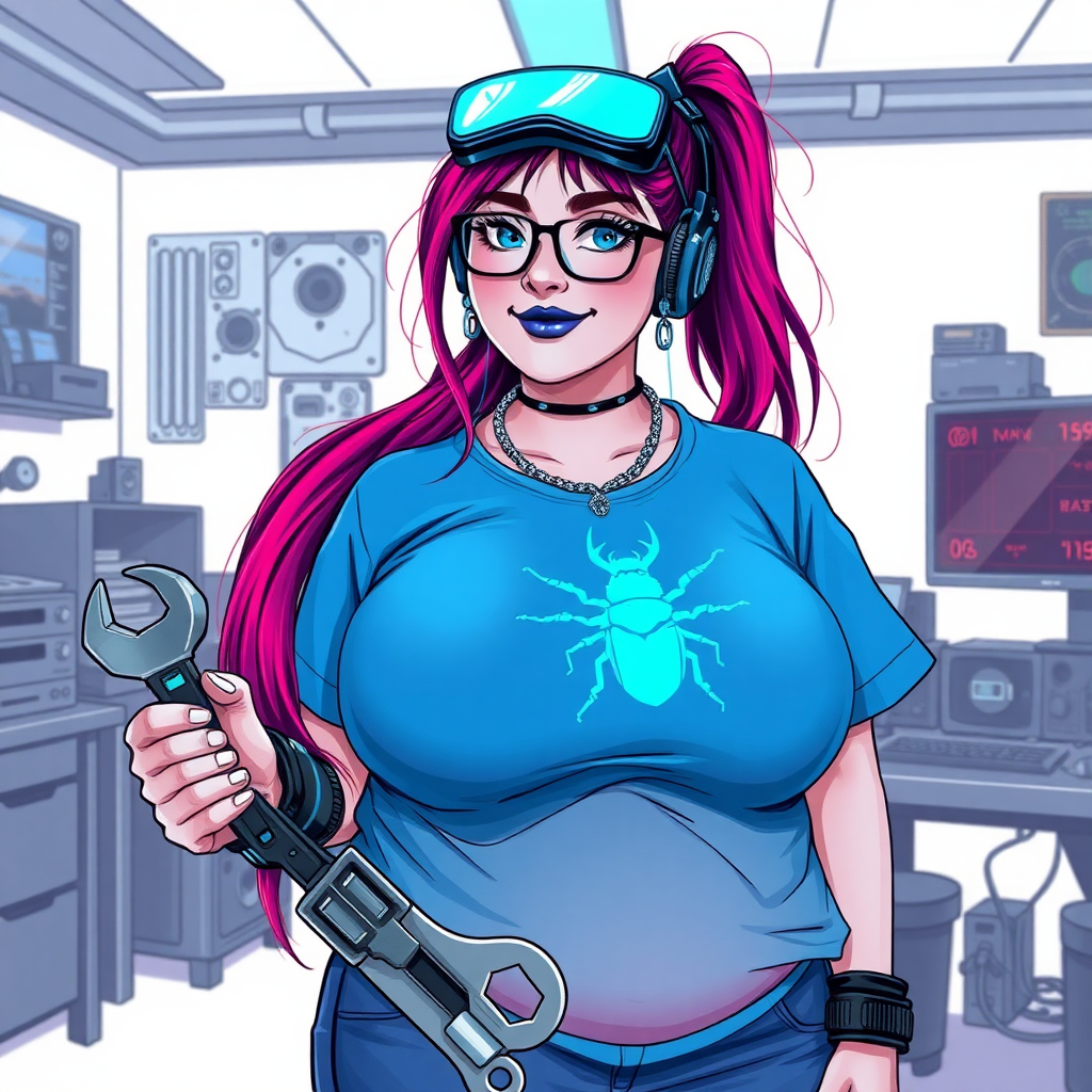 A cyberpunk vigilante’s full-figured intelligent and tech-savvy 29-year-old girlfriend, who is a computer hacker and tech genius. She has a long ruby red ponytail streaked with sky blue. She wears maximum blue lipstick, blue eyes, a sapphire beetle gemstone necklace, sapphire earrings, black eyeglasses, a futuristic holographic wristwatch computer, and an oversized maximum blue t-shirt featuring a neon blue beetle chest emblem. She has a full-figured, well-rounded physique with a prominent, round midsection, reflecting her well-cared-for lifestyle. Her round midsection is broadened and bloated to emphasize her figure. She sports a sapphire headset with a high-tech maximum turquoise lensed HUD, and a shy smile with a neon red blush. She is holding a futuristic hi-tech wrench while standing in her workshop in front of her computer desk and work bench. The background is solid white. She is drawn as if she was in a retro 2D cyberpunk fighting game.