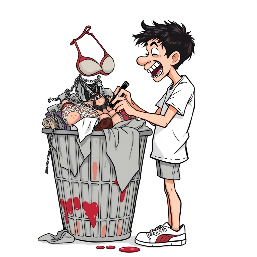 nervous short 20 year old european skinny man, short white t-shirt, standing, stunned, mesmerized, joyful, aroused, heavy drooling, heavy sweating, fumbling through a small dirty laundry basket piled up with sexy woman heavily stained lingerie, detailed fabric, side view, sneakers, detailed feet, 2D, caricature, cartoon, Sketch lines, coloring book, coloring book, no body parts, no blood