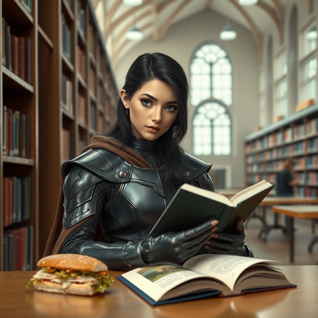 beautiful young woman, dark hair, past her shoulders, blue eyes, small, slim figure, wearing full leather armor suit, long cloak, reading a book at a table, with sandwich on the table, in a large school library.