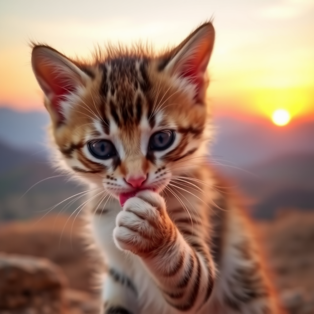 A cute little kitten is licking its paw, with a backdrop of rolling mountains and a red sunset.