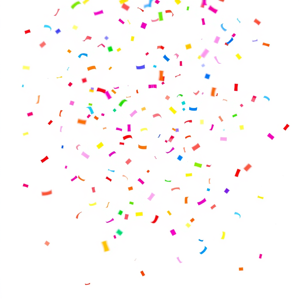 A high-resolution, vibrant image of colorful confetti pieces falling in the air, evenly scattered, plain white background, clean, professional look, stock photo