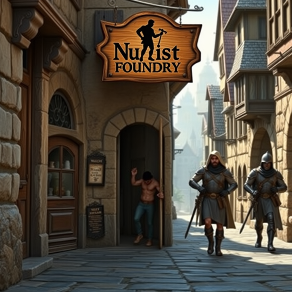 A city street in a fantasy village. Adventurer hastily leaving the door of a shop. Sign above the door says "Nudist Foundry" with a sign consisting of a silhouette image of a man holding a short pole pointing away from his midsection. City guards walk by, photorealistic matte painting.