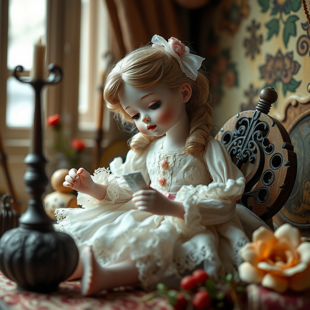 a porcelain doll playing, artists doll, high quality photo, intricate environment, ultra-detailed, impressionistic, dynamic composition, artistic photograph, matte texture