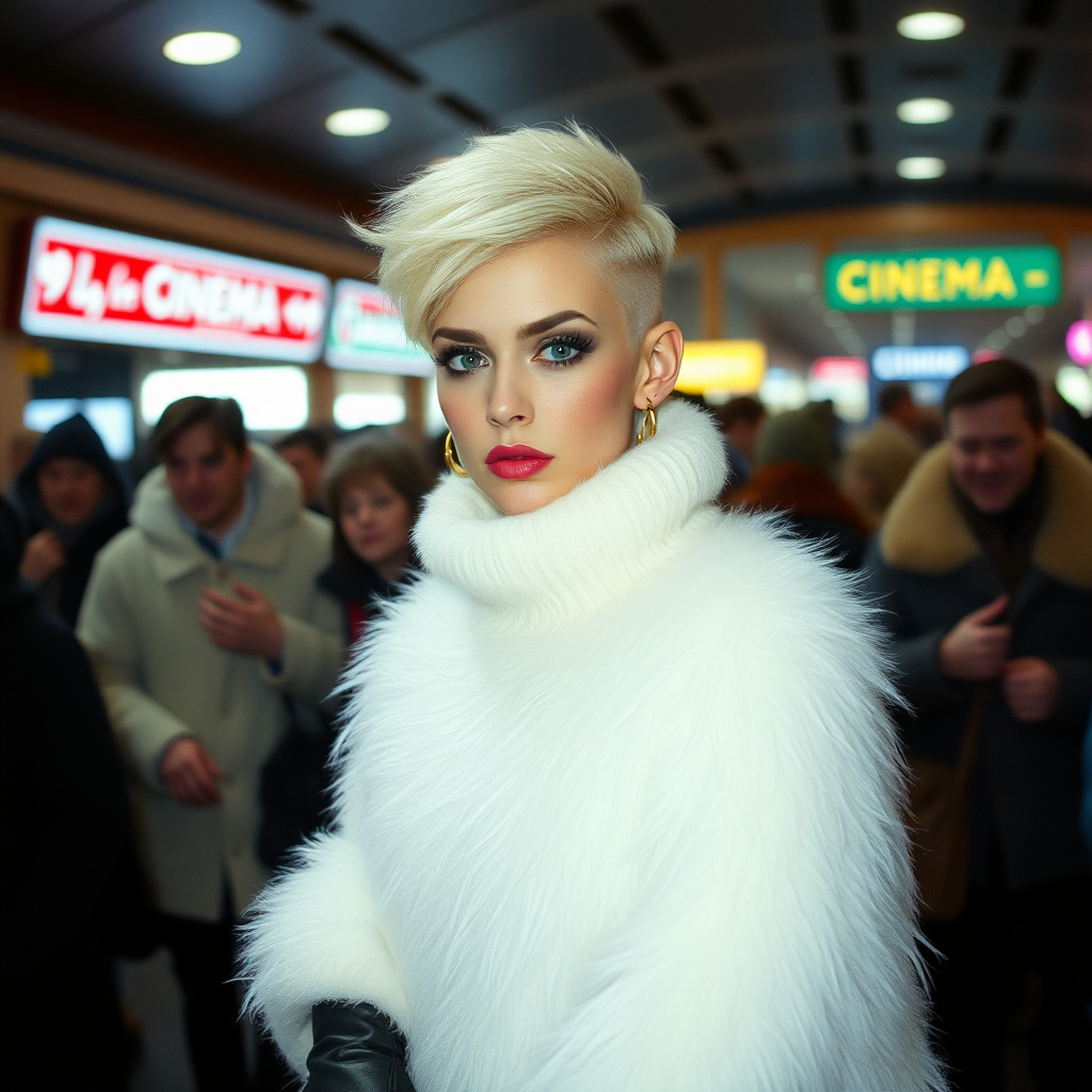 1990 winter evening, crowded cinema lobby: Sam, 19 years old beautiful involuntary femboy, rebellious intractable character, petite boyish figure, platinum blond boyish rebel punk hairstyle, flawless heavily made-up face with sharp arched tattooed eyebrows, wearing Supertanya-style fluffy very fuzzy bright white angora long turtleneck-poncho fully covering body and arms, black leather high-heeled thigh-high boots, gold earrings, puzzled alarmed, pout serious, impatiently waiting for her master. Focus on Sam’s face and turtleneck-poncho.