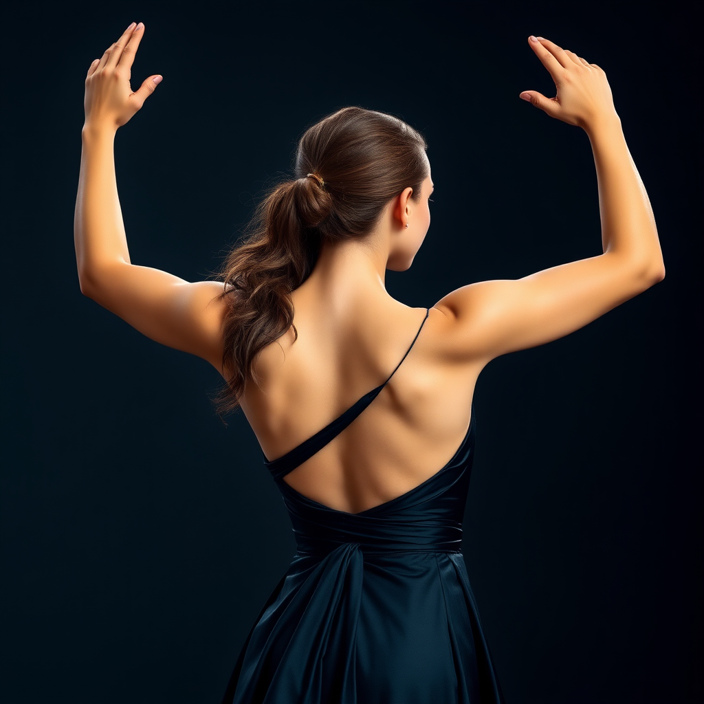 Thoroughly amazing athlete in a stunning evening gown facing the camera with arms raised her hair is pulled back