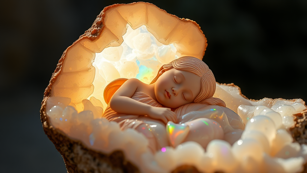 statue carved from opal of a 8 year old girl sleeping in a geode, high quality photo, intricate environment, ultra-detailed, impressionistic, dynamic composition, artistic photograph, geode, alabaster, fractal, brilliant colors, glittering, sunlight, illumination, transparency, translucent, opal