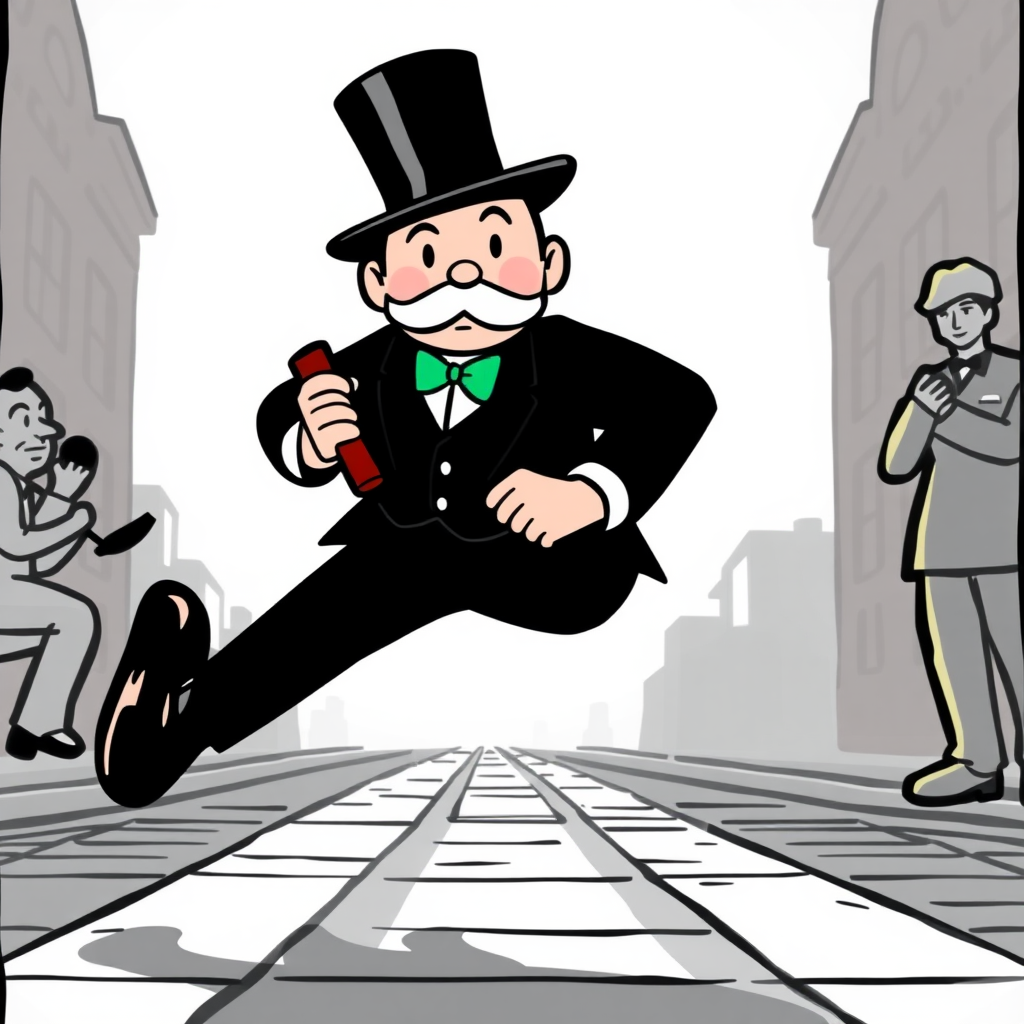 Monopoly Guy is jogging and is kidnapping a guy.