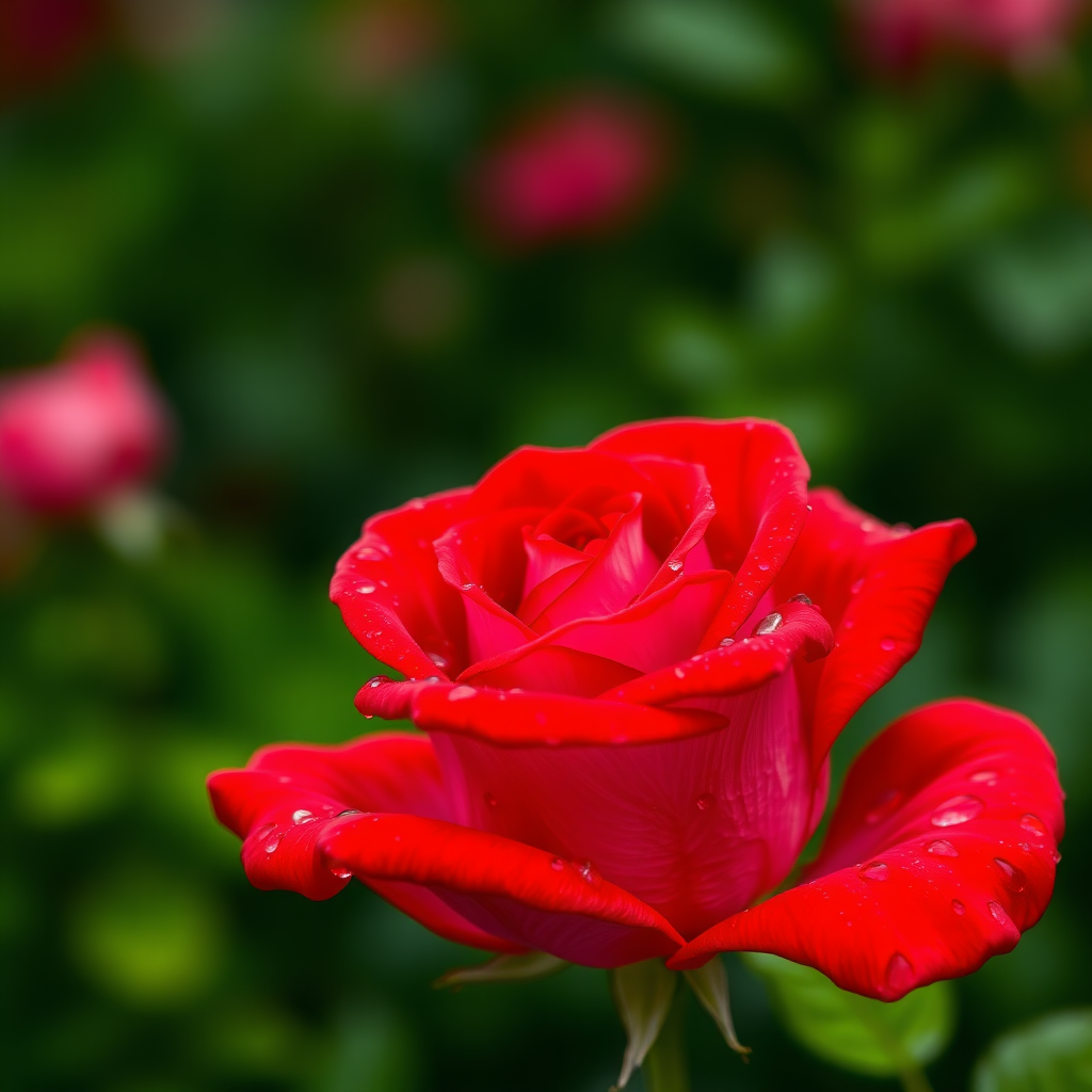 A close-up of a vibrant red rose with delicate pink inner petals, glistening with fresh water droplets. The rose is set against a lush, blurred green background that enhances its vivid colors. The petals are intricately layered, showcasing a blend of deep red and soft pink hues. The composition emphasizes the intricate details of the petals and the shimmering raindrops, capturing the essence of nature's beauty in a hyperrealistic style. The overall atmosphere conveys freshness and vitality, evoking a sense of serene elegance.