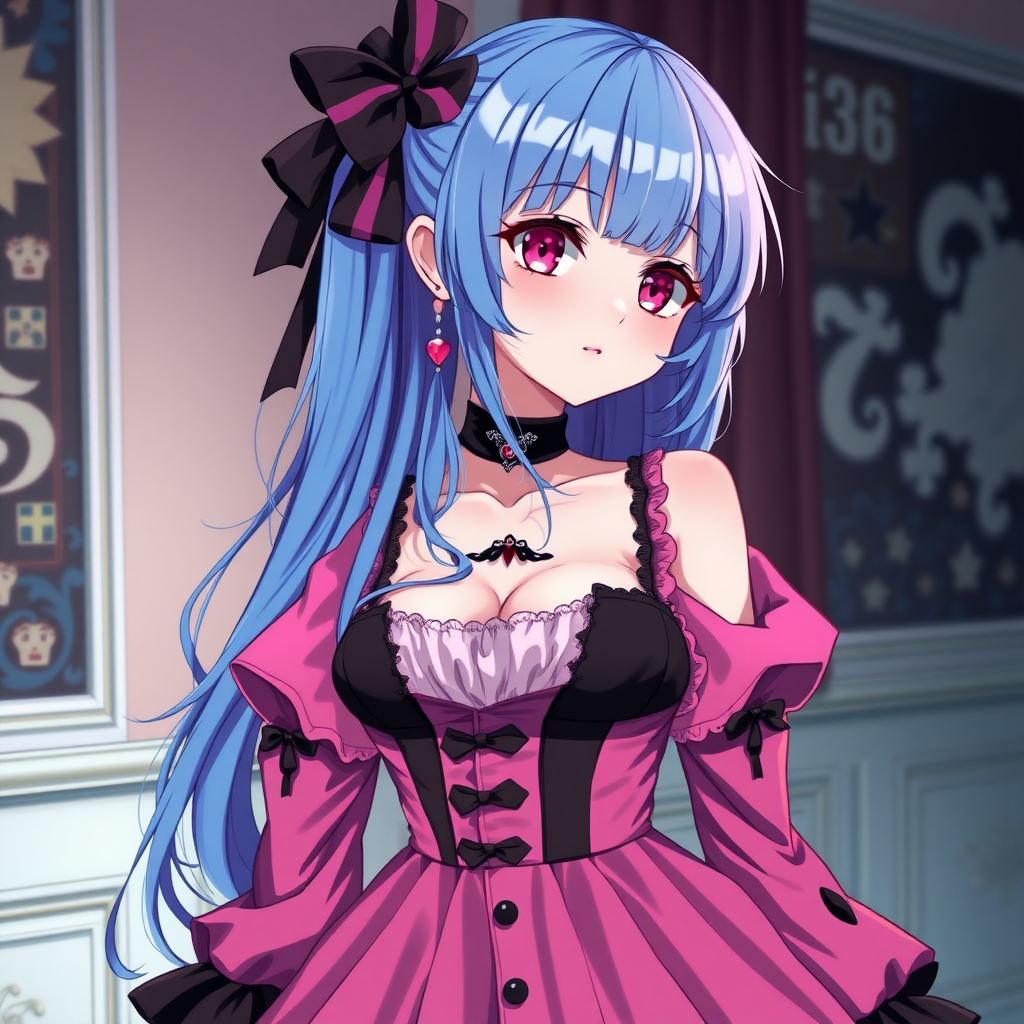 Anime girl with blue hair and magenta eyes that is wearing a pink-black gothic lolita dress. She has big boobs, a small waist and wide hips.