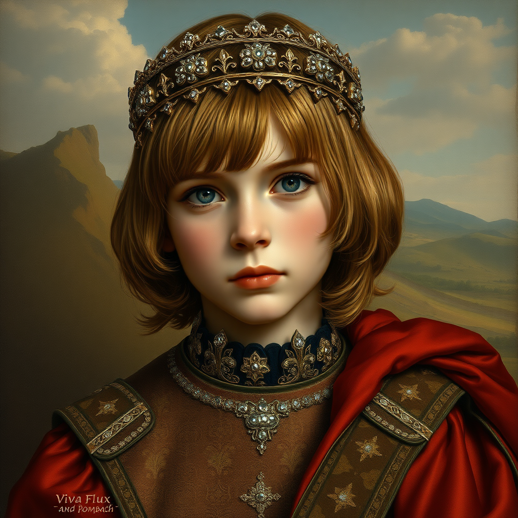 16yo teen boy prince, long bob cut, embroidered with gold and diamonds medieval cloths, diamond diadem,natural Skin Texture, and Beautiful War. Free style by 20% Adolphe William Bouguereau, Academic realism and 20% Sandro Botticelli, early Renaissance and 60% Otto Lomüller, Boy Scout photorealism. The background is in the style of landscape style by Antonio del Polaiolo,Generating the signature at the bottom : Viva FLUX and Rombach, ultra high resolution, 16K,