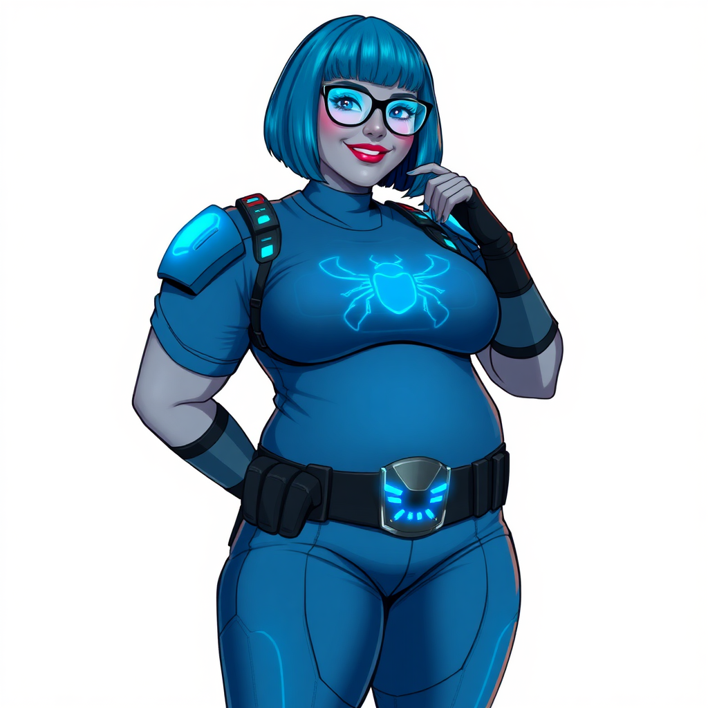 A 28-year-old, full-figured, metallic middle gray skinned, computer program hybrid with a maximum blue bob cut. She has a non-athletic, full-figured build, highlighted by a prominent, round, large midsection (with heavy emphasis on her large belly). As the full-figured, nerdy, digital sidekick to her cyberpunk vigilante boyfriend, her metallic middle gray skin and maximum blue lipstick emphasize her digital nature. She wears a digital, computerized costume inspired by DC’s Carrie Kelly Robin, consisting of a huge, tight-fitting, maximum blue t-shirt with a neon blue glowing chest icon of a beetle, hi-tech shoulder pads with neon blue accents, a black hi-tech belt with a digital neon blue glowing buckle, digital maximum blue pants with neon blue accents, and black hi-tech fingerless biker gloves with neon blue glowing accents. Her bright blue eyes, black eyeglasses with glowing neon blue lenses with a built-in HUD, and shy smile with neon red blush accentuate her nerdiness. She stands bashfully with one hand behind her back and the other hand gently touching her cheek, her costume covering all her skin and emphasizing her full-figured physique (especially her belly). She is clearly non-athletic, with a heavy focus on her large belly. Despite her build, she radiates beauty. She has a slim face compared to her physique, accentuating her radiant beauty. She is on a solid white background. She is drawn as if she were in a retro 2D cyberpunk fighting game.