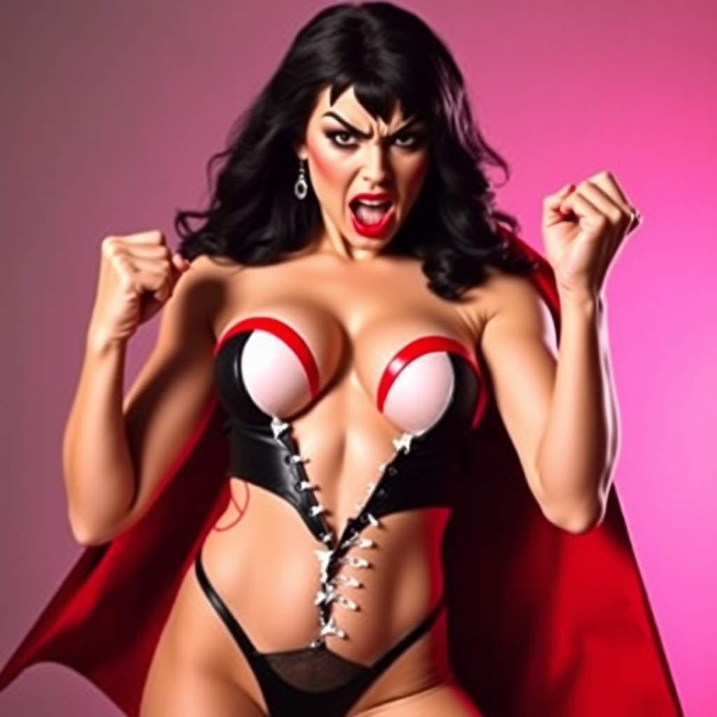 Vampirella fighting pose. Her bodice is ripped open. Shocked and angry expression. DSLR