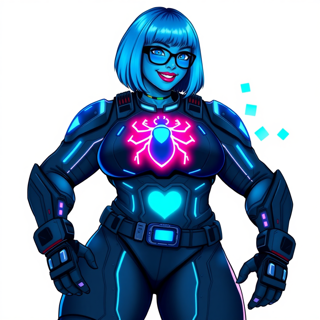 A 29-year-old computer science major, now transformed into a full-figured, nerdy digital sidekick for a vigilante, with striking blue skin. Her bob cut seamlessly blends with her skin, forming part of her data, and her neon blue eyes glow intensely. Her full figure is defined by a wrecking ball-sized midsection, sequoia-sized limbs, and broad shoulders. As a loyal and supportive sidekick, she plays a crucial role in their missions, using her digital skills to assist and protect.

She wears a digital, computerized biker suit that integrates with her hair and skin, featuring a maximum blue color scheme and a glowing neon blue beetle chest icon, along with matching high-tech gloves. She bashfully giggles with a neon red blush, emitting neon blue data cubes from her body, set against a solid white background. Heavily pampered by her doting boyfriend, her full figure clearly shows this care. She has the ability to hack into computers and machines, and her nerdiness is blatantly obvious with her black oversized eyeglasses. Her full figure is prominently displayed and heavily emphasized. Her outfit is influenced by DC’s Jennifer Knight Phantom Lady but remains distinct. She is drawn as if she was in a retro 2D cyberpunk fighting game.