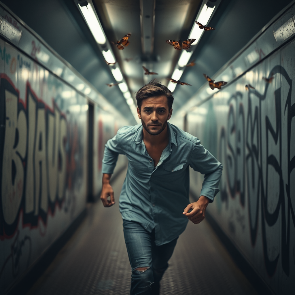 The image shows a tired handsome man running in Polish subway with graffiti on the walls on either side. He is wearing a shirt and jeans. There are moths flying in the air and lights illuminating the scene. Dark Cinematic style, very natural skin.