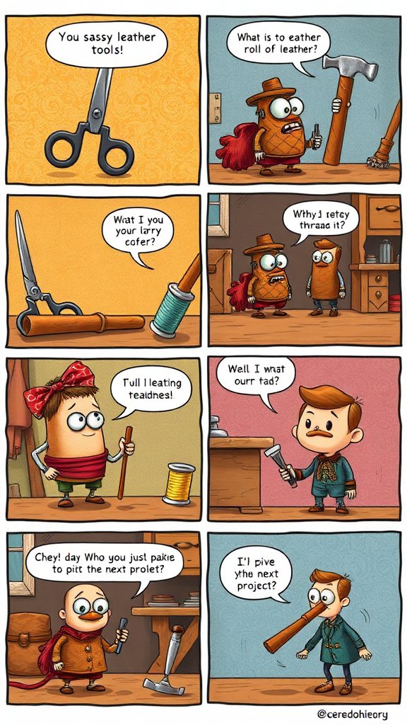 a whimsical 6-panel comic strip featuring anthropomorphized leathercraft tools and materials that come to life in a vibrant leather workshop. The main characters include a sassy pair of scissors, a witty roll of leather, a flamboyant spool of thread, and a grumpy hammer. Each panel unfolds a comedic mishap as they navigate their day, from accidentally stitching themselves into a quirky outfit to a dramatic showdown over who gets to pick the next project. The art style is a blend of playful cartoon aesthetics with rich, textured illustrations reminiscent of vintage craft manuals, infused with bright colors and exaggerated expressions.