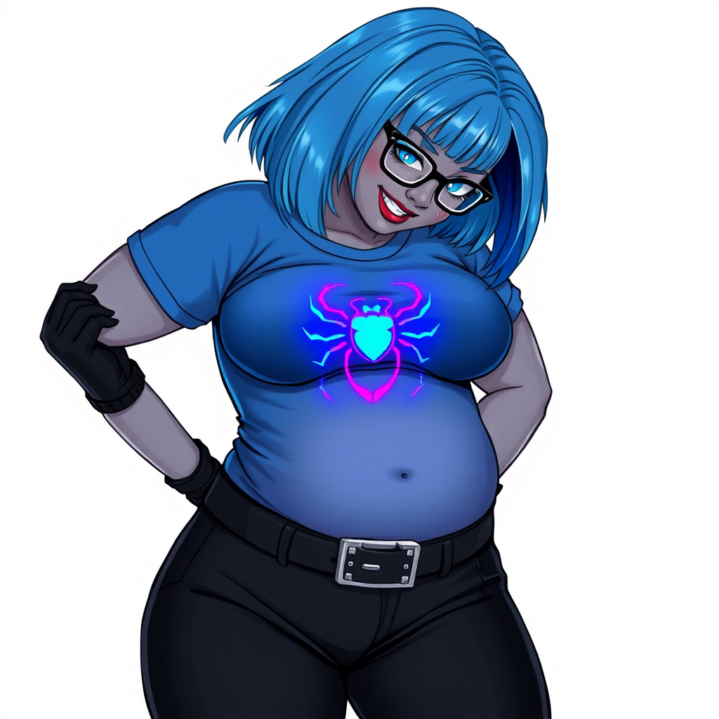 A 28-year-old, full-figured, metallic middle gray skinned computer program hybrid with a maximum blue bob cut. She has a non-athletic build, highlighted by a prominent, round midsection (with a focus on her belly). As a digital sidekick and computer hacker to her cyberpunk vigilante boyfriend, her middle gray metallic skin and maximum blue lipstick emphasize her digital nature. She wears a tight-fitting, maximum blue t-shirt (accentuating her belly) with a neon blue glowing chest icon of a beetle, black pants, a black belt with a sapphire scarab buckle, and black gloves. Her bright blue eyes, black eyeglasses, and shy smile with neon red blush accentuate her nerdiness. She bashfully bows her head with her hands behind her back, her t-shirt covering her midsection (especially her belly) and emphasizing her full-figured, non-athletic physique. She is on a solid white background. She is drawn as if she was in a retro 2D cyberpunk fighting game. She is clearly non-athletic, with a focus on her full figure. Make sure her t-shirt covers her midsection (especially her belly).