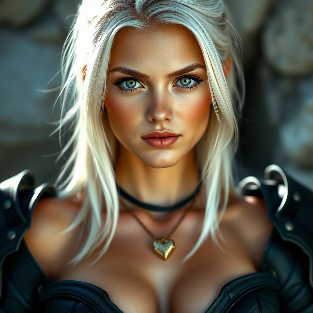 Portrait of a beautiful young platinum blonde woman with green eyes, a suntan, light brown eyebrows, and large breasts. She is wearing black leather armor and a gold necklace with a small heart pendant.