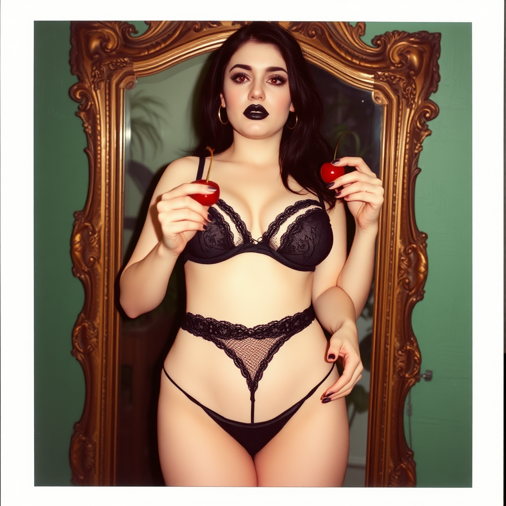 An old polaroid photo. There is a color tint to the photograph and visible light leaks. The photo depicts a sexy woman. Her skin is pale. She is gothic and wears seductive makeup with long eyelashes and black lipstick. Her mascara is running as though she has been crying. She has large breasts with ample cleavage. She is wearing a skimpy g-string that leaves a gap between her pubic area and thigh. The fabric of her g-string is black lace with a square shape and a visible cleft in the bottom. Her bra is translucent and mesh. Her whole body is visible as a reflection in an ornate floor-length mirror. She is in a photography studio with textured green walls and plants are all around behind her. Her skin has a natural texture with visible pores and imperfections. She is eating a cherry seductively. Her nails are painted black. One of her hands pulls lightly at the side of her panties.