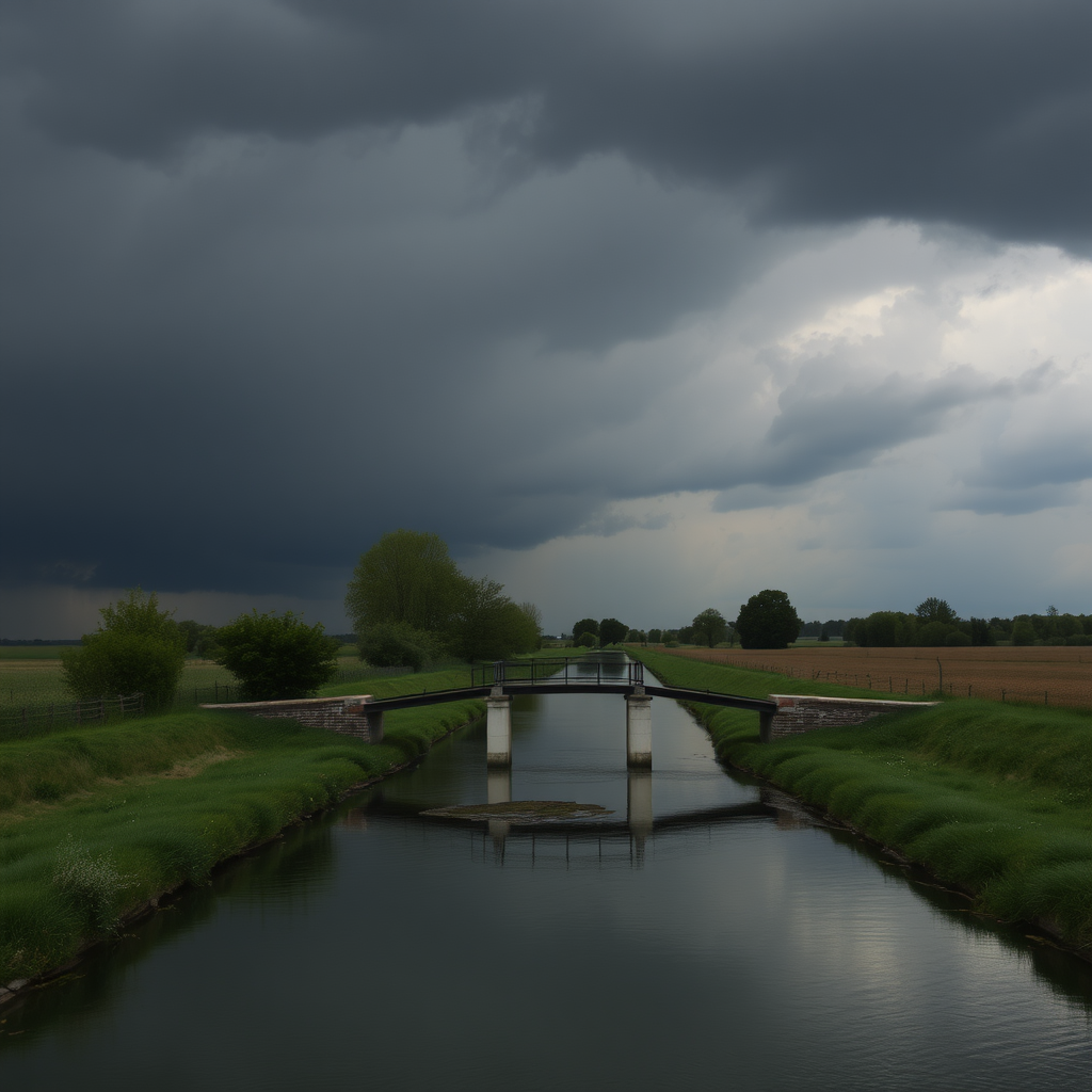 very cloudy black sky, threatening rain, in the Veneto countryside, with a small bridge on 2 pillars over the canal