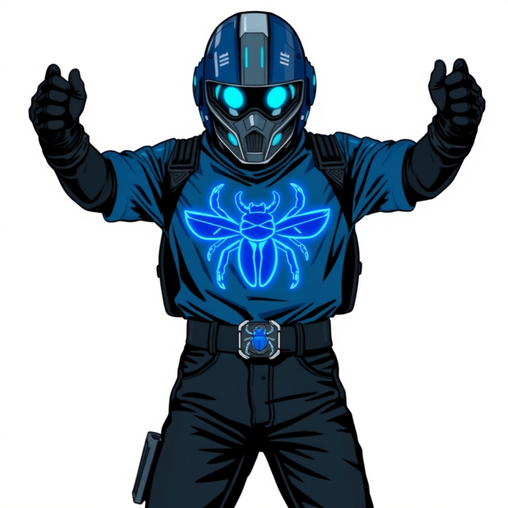 A 28-year-old cyberpunk vigilante stands heroically, clad in a high-tech, maximum blue biker shirt featuring a neon blue glowing beetle on the chest. They wear black biker pants, a black belt with a sapphire beetle buckle, and a maximum blue full helmet with neon blue glowing lenses. Their hands are protected by black metal gloves, all set against a solid white background. He is drawn as if he was in a retro 2D cyberpunk fighting game.