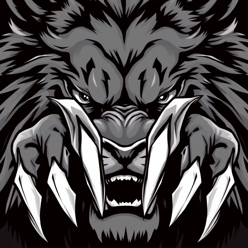 Create an anime-style illustration featuring the claws of a lion, combined with its intense eyes. The design should focus on the sharp, exaggerated claws, showcasing intricate details, while the eyes should be large and expressive, conveying a fierce and powerful look. Use a monochromatic color scheme to enhance the drama of the illustration, ensuring that both the claws and the eyes are prominent in the design. This artwork should embody strength and intensity, suitable for branding or logo use.