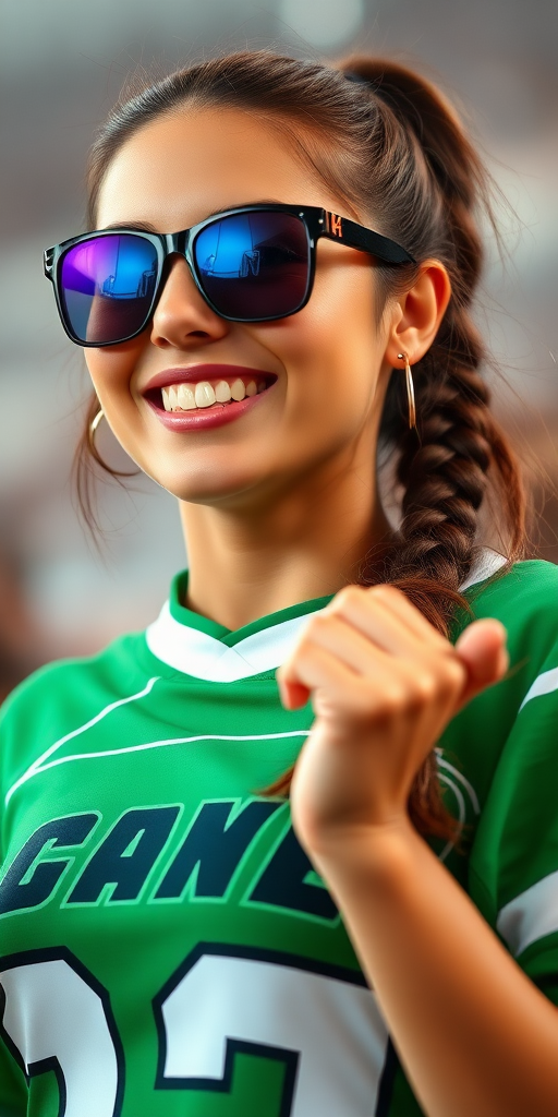 Attractive female NFL fan, pigtail hair, cheering