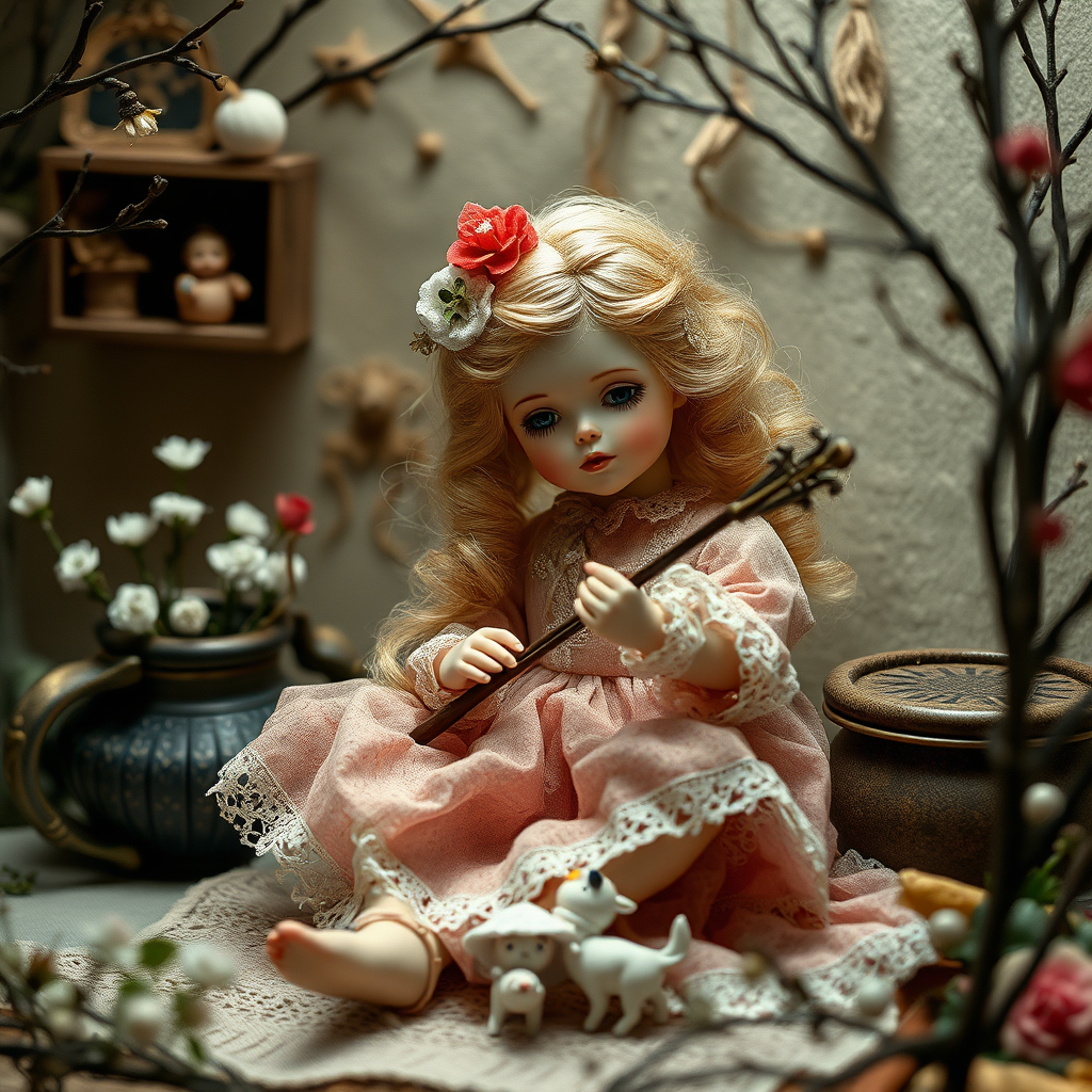 a porcelain doll playing, artists doll, high quality photo, intricate environment, ultra-detailed, impressionistic, dynamic composition, artistic photograph, matte texture