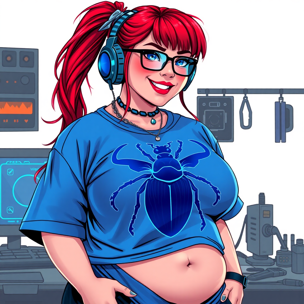 A cyberpunk vigilante’s full-figured intelligent and tech-savvy 29-year-old girlfriend, who is a computer hacker and tech genius. She has a long ruby red ponytail and bright blue eyes. She wears a sapphire beetle gemstone necklace, and an oversized maximum blue t-shirt featuring a giant neon blue glowing icon of a beetle on its chest. She has a full-figured physique with a prominent, gargantuan, round midsection, reflecting her well-cared-for lifestyle. The midsection is heavily emphasized. She sports a sapphire headset with hi-tech maximum turquoise lensed HUD visor, black eyeglasses, and a beaming smile with a passionate bright red blush. Despite her figure and a lack of self-esteem, she radiates an air of beauty. She has a slim face which contributes to her radiant beauty. She serves as his tech expert from his hideout, dutifully working at her workshop computer desk and tool bench. The background is solid white. She is drawn as if she was in a retro 2D cyberpunk fighting game. Make sure her shirt covers her round midsection.