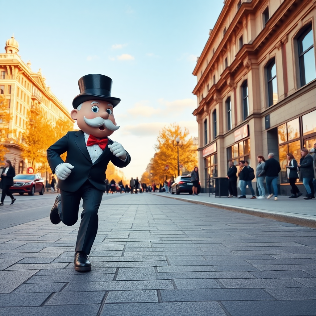 Monopoly Guy is jogging