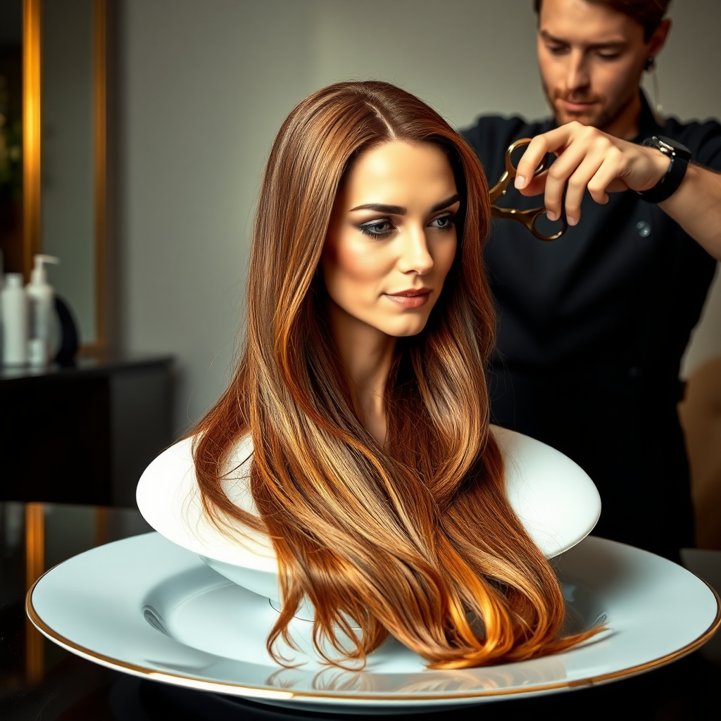 In a bizarre, surreal tableau, the polished surface of an elegant dining plate cradles the disembodied head of a strikingly beautiful Kate Middleton, her long, flowing hair cascading like a glossy waterfall of deep chestnut and honey highlights. The hair is luxuriously arranged, strands shimmering under the soft, ambient light that bathes the scene in an ethereal glow.

A skilled hairdresser, clad in a sleek black apron, stands poised with a pair of gleaming scissors, carefully trimming the endlessly luxurious locks that frame Kate's serene, almost ethereal features. The air is thick with the scent of salon products mingling with delicate hints of floral fragrances, creating an unusual yet strangely inviting atmosphere. The hairdresser's focused expression reveals a meticulous dedication as snippets of hair fall gracefully onto the pristine plate, echoing a sense of both artistry and absurdity.

The overall emotional tone conveys a dreamlike quality, inviting viewers to ponder the juxtaposition of beauty, identity, and the bizarre circumstances that bind them in this extraordinary moment.